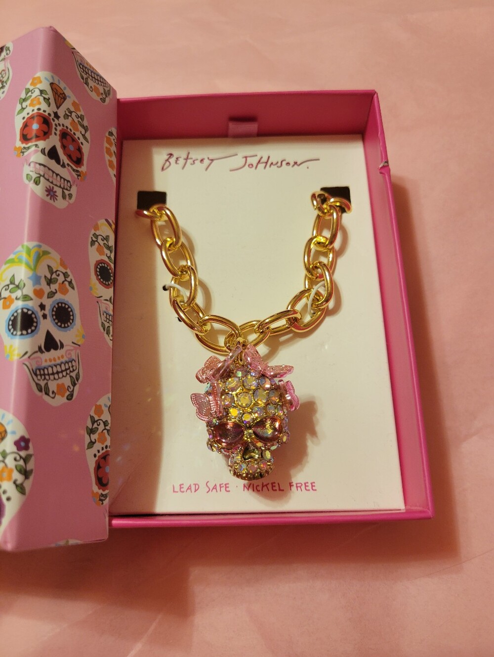 Betsey Johnson Gold Chain Necklace with Pink Crystal Skull Necklace